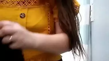 Plump lady big Boobs and cleavage in black bra in trial room